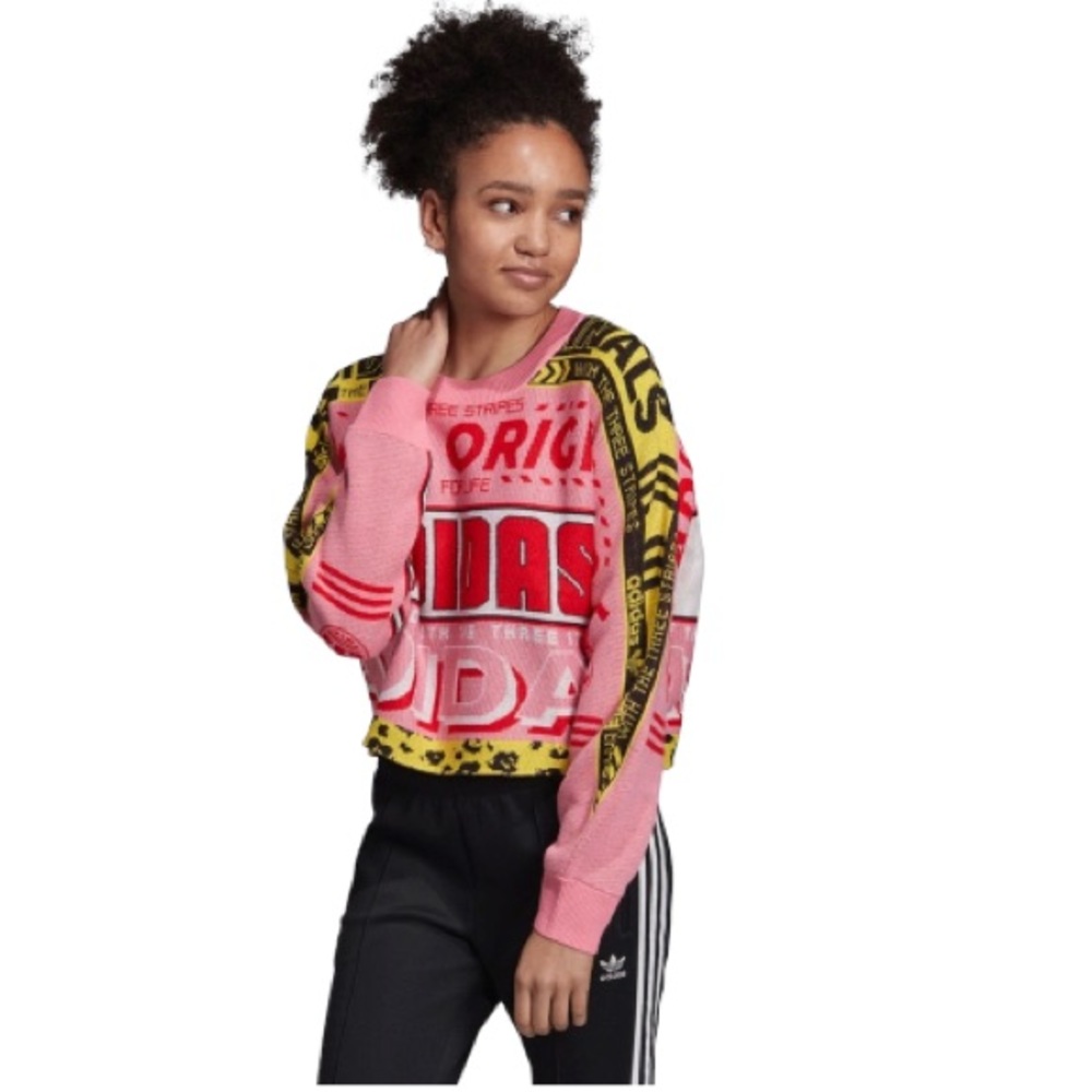 Adidas Originals Soccer Scarf Print Knit Sweater Pink Red Women’s Size XS NWOT